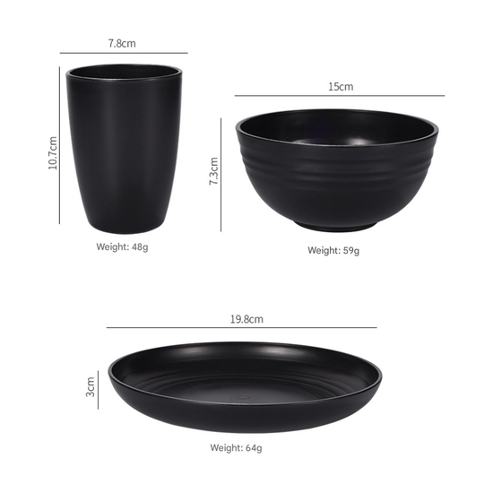 Stylish Black Wheat Straw Dinnerware Set - 24 Pieces Including Plates, Bowls & Cups