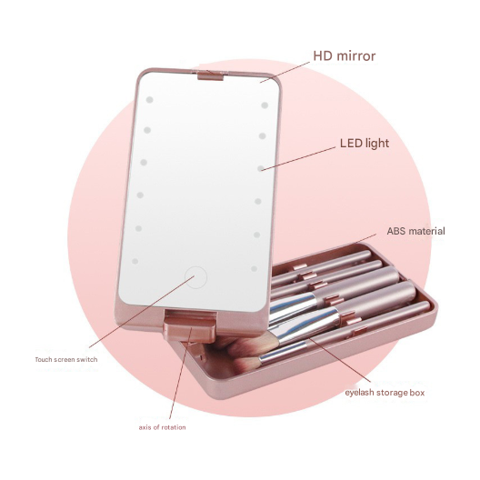 Black LED Lighted Makeup Mirror with 5-Piece Cosmetic Brush Set and Dustproof Storage Case