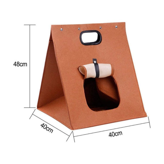 Brown Cozy A-Frame Felt Pet Teepee - Foldable & Portable Cat Cave Bed with Easy Carry Handle