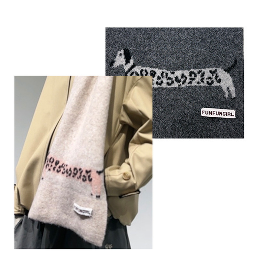 Red Cute Korean-Style Wool Scarf with Dog Design - Unisex Knitted Winter Neck Wrap