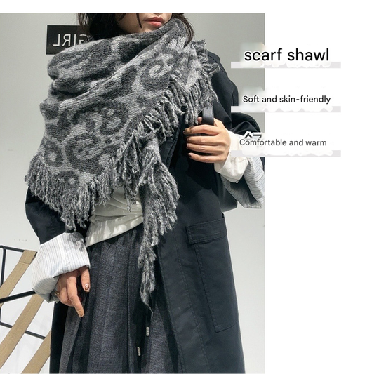 Grey Luxurious Fringe Wool and Lambswool Scarf for Women - Thick Warm 60 x 170 cm Shawl