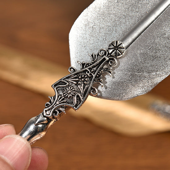 Sword Plume Silver European Dip Feather Quill Pen Set - 2-Piece Retro Business Gift Box with 5 Nib Sizes