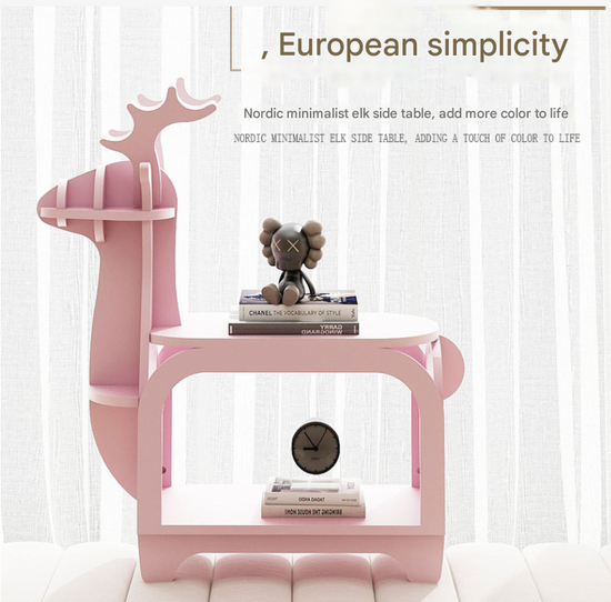 White Small Creative Reindeer-Shaped Solid Wood Bookshelf for Kids
