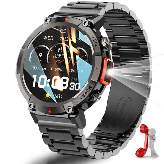 Black-orange Steel Belts Outdoor Smartwatch with 1.45-Inch HD Round Screen and Flashlight