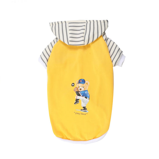 Autumn/Winter Dog Clothes - Yellow Hoodie with Striped Hood & Baseball Bear (Size - 3XL)