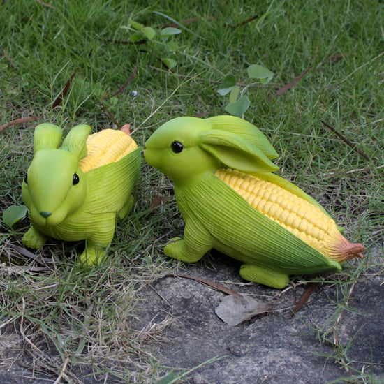 Green And Yellow Whimsical Resin Corn Rabbit Garden Statue - Unique Outdoor Yard Art Figurine with Decorative Sign