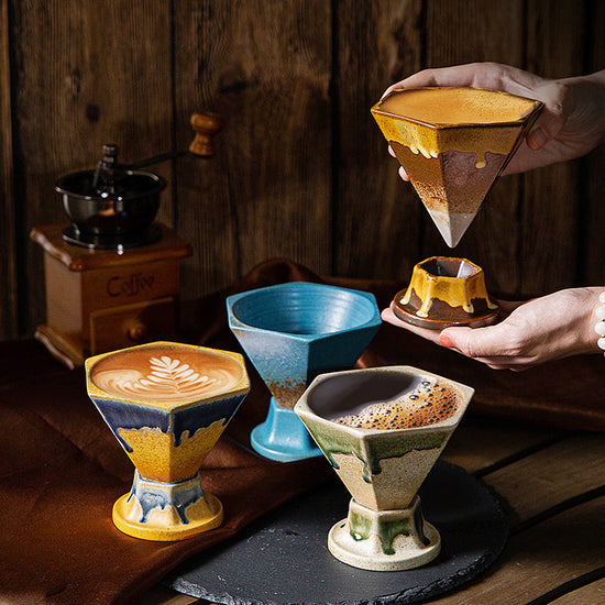 Beige and Green Artistic Hexagonal Ceramic Coffee Cup & Stand Set - 180ml Nordic Design Drip Glaze Mug