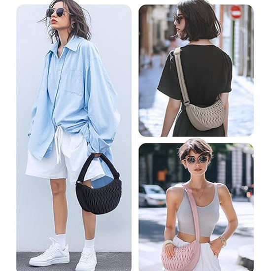 Beige Chic Pleated Crescent Sling Bag - Water-Resistant Lightweight Crossbody & Shoulder Purse