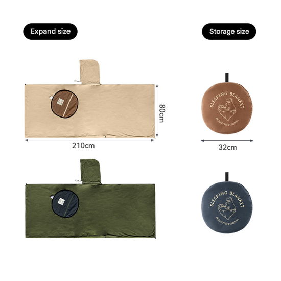 Khaki Cozy 4-in-1 Wearable Fleece Poncho Sleeping Bag - Multifunctional Camping Blanket with Detachable Hood