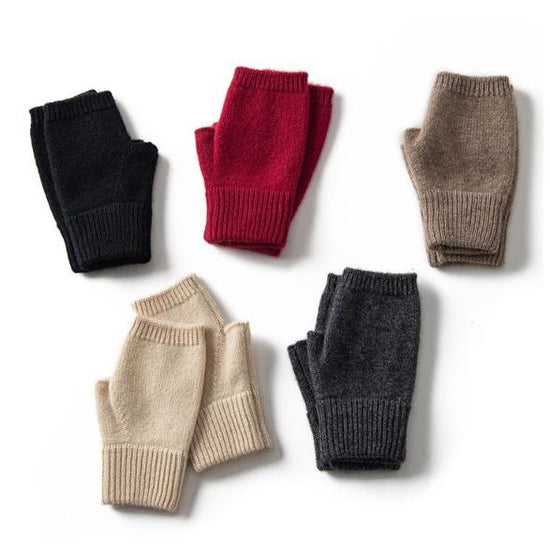 Red Color Block Cashmere Fingerless Gloves for Women Autumn Winter Outdoor Cold Protection Warm Knitted Gloves