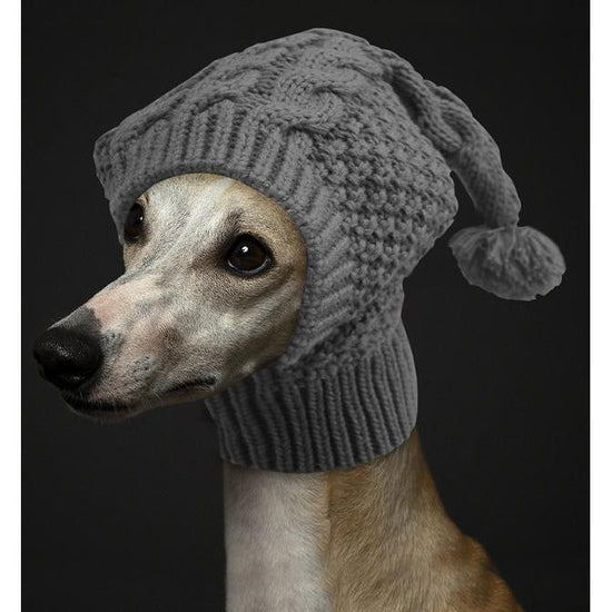 Size L Grey Whimsical Knit Dog Hat with Pom-Pom - Cozy Winter Pet Beanie & Snood
