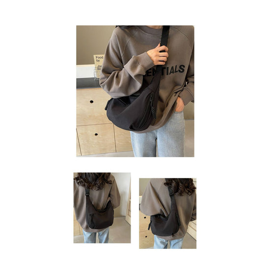 Black Large Nylon Crescent Crossbody Bag - Casual Slouchy Shoulder Purse