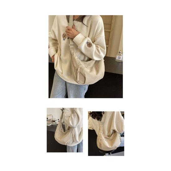 Beige Large Nylon Crescent Crossbody Bag - Casual Slouchy Shoulder Purse