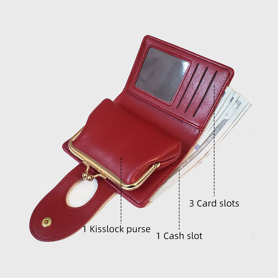 Red Elegant Croc Embossed Womens Wallet - Short PU Leather Bifold with Removable Kisslock Coin Purse & Card Holder