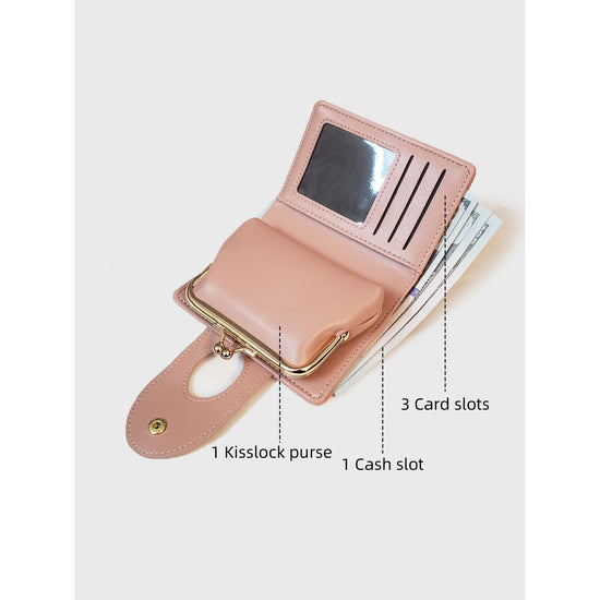 Pink Elegant Croc Embossed Womens Wallet - Short PU Leather Bifold with Removable Kisslock Coin Purse & Card Holder