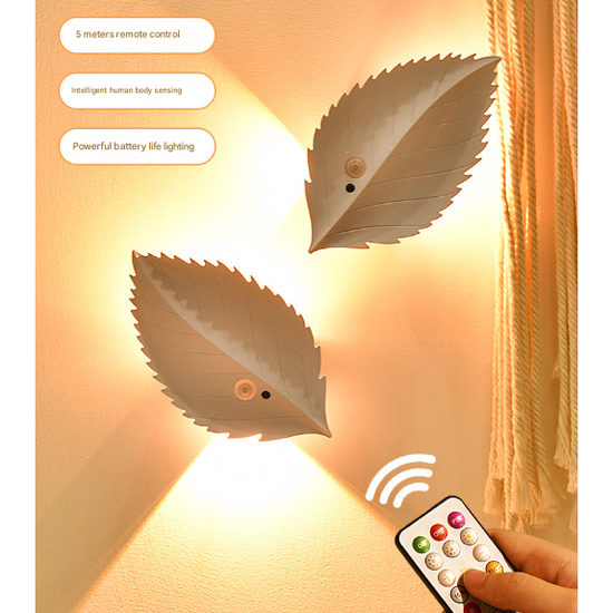 White RGB Color-Changing Leaf LED Night Light - Wireless Motion Sensor Wall Lamp with Remote Control for Ambiance Lighting