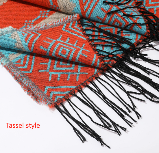 Navy Blue Palindrome Fringe Bohemian Fringe Shawl Cloak - 160 x 135 cm Ethnic Inner Mongolia Style Double-Sided Scarf Cape