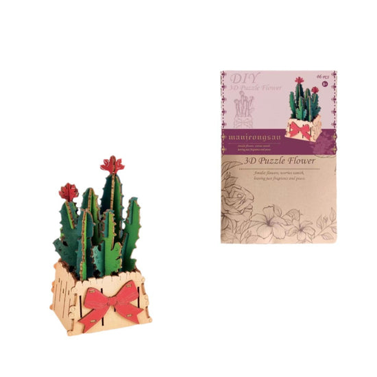 Thousand Flowers DIY 3D Wooden Cactus Puzzle with Red Flowers - 46-Piece Kids&