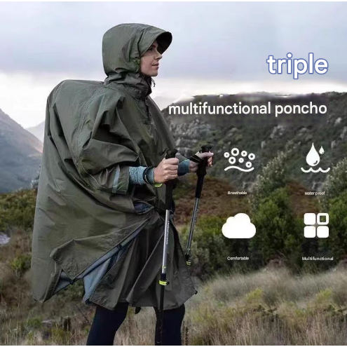 Black 3-in-1 Waterproof Rain Poncho - Lightweight Hooded Raincoat, Ground Tarp & Emergency Shelter for Hiking, Camping, and Outdoor Survival