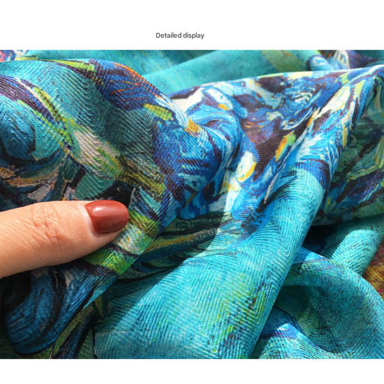 Landscape at Dusk Elegant Artistry Shawl - Large 130cm Square Scarf with Oil Painting Print & Hand-Rolled Hem
