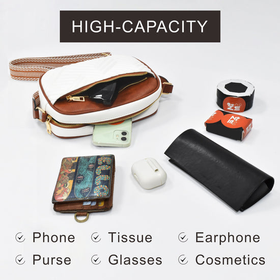 Double Zipper Black White Brown Chic Quilted Crossbody Bag - Vintage PU Leather Shoulder Purse with Adjustable Strap