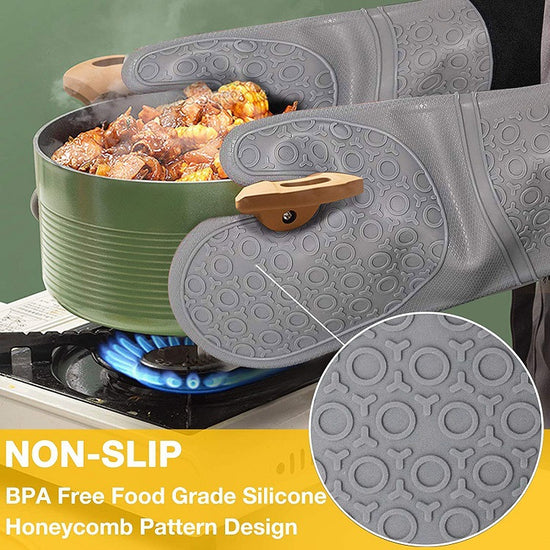 Grayish Set BPA-Free Non-Slip Silicone Oven Mitts - Heat Resistant Gloves with Honeycomb Pattern for Kitchen Safety
