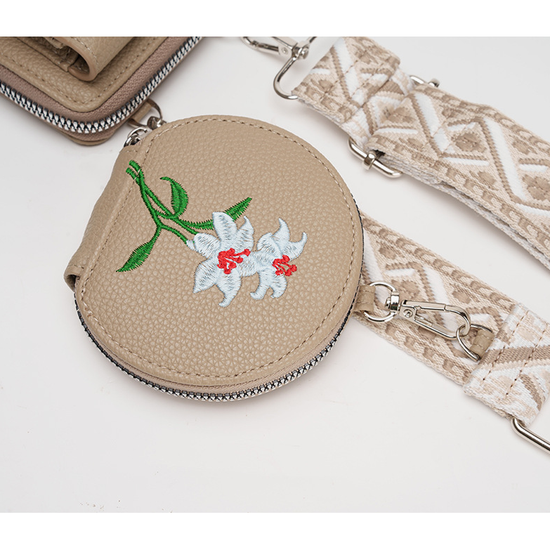 Brown Chic Floral Embroidered 2-in-1 Crossbody Phone Bag with Coin Purse