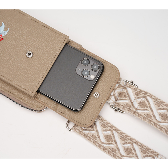 Beige Chic Floral Embroidered 2-in-1 Crossbody Phone Bag with Coin Purse