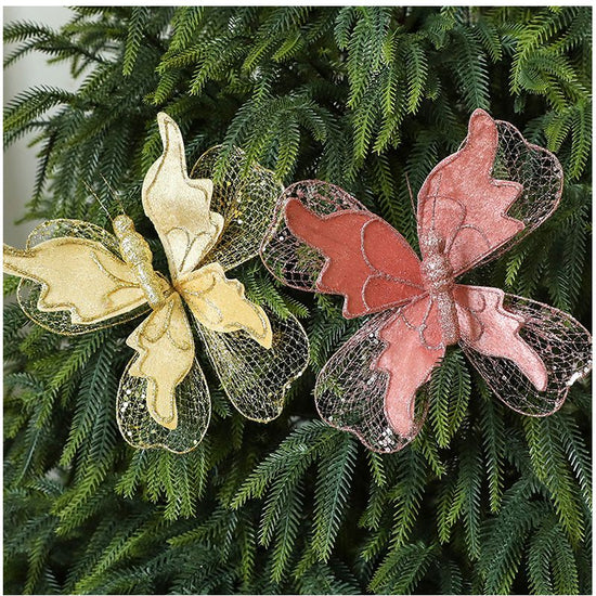 Champagne Gold Large Glitter Butterfly Christmas Ornaments (Set of 2) - Clip-On Decorations for Trees & Wreaths