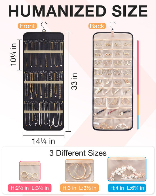 Black Hanging Jewelry Organizer - Closet Storage for Necklaces, Earrings, and Rings with Clear Pockets(14*33inch)