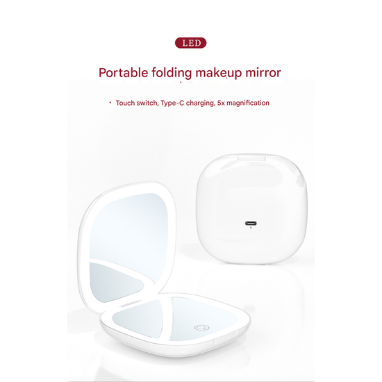 2-piece Black Portable LED Makeup Mirror - Rechargeable Compact with 3-Color Lights & 5x Magnification