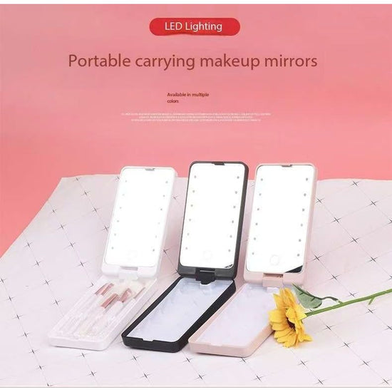 2-Piece Pink Portable LED Makeup Mirror with Brush - Foldable, Rotatable, and Rechargeable Travel Vanity Mirror