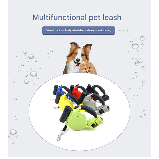 Blue 3-in-1 Retractable Dog Leash with LED Flashlight & Poop Bag Dispenser | Heavy Duty Tangle-Free Leash for Safe Night Walks