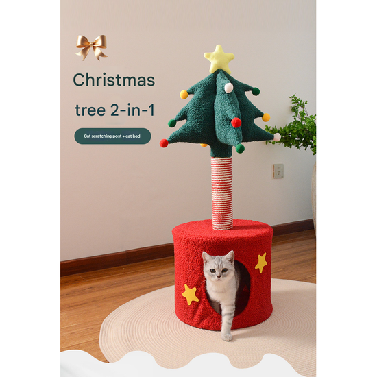 Festive Christmas Tree Cat Scratcher & Condo | 2-in-1 Sisal Post with Cozy Hideaway Bed