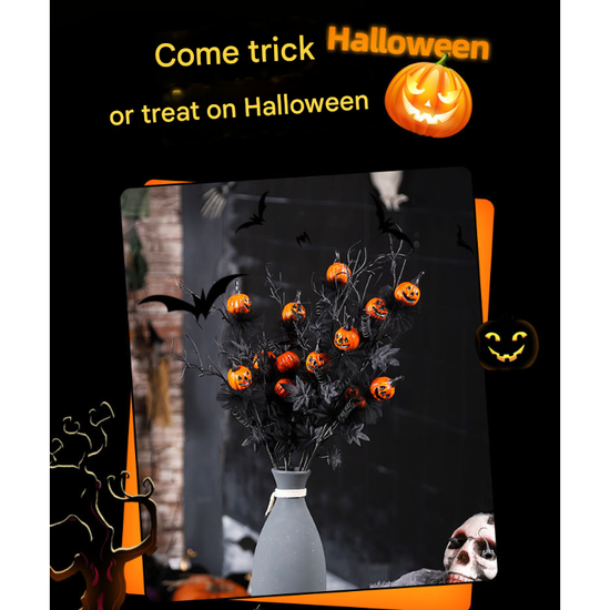 Halloween Black Twig & Pumpkin Stems (2-Pack) - Artificial Floral Picks for Spooky Arrangements