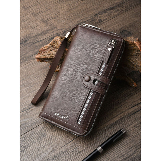 Two pieces High-Capacity PU Leather Clutch Wallet - Unisex Design with Wrist Strap, Zipper & Multiple Card Slots(Dark brown)