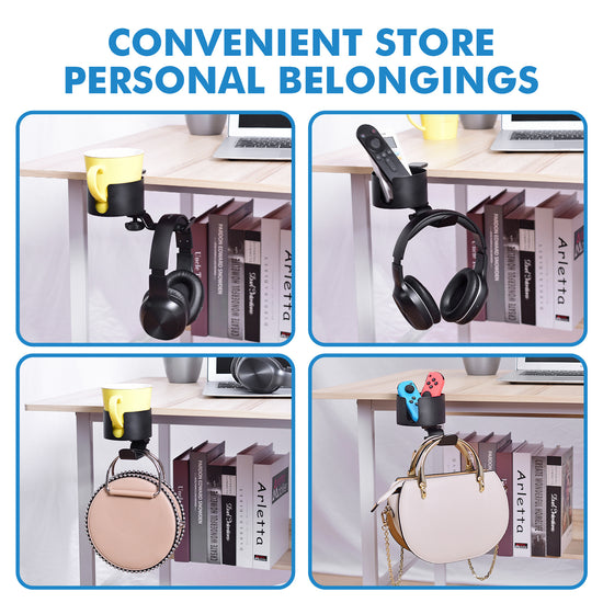 Heavy-Duty All-Metal Desk Clamp with 360-Degree Swivel Headphone Hanger & Cup Holder(black)