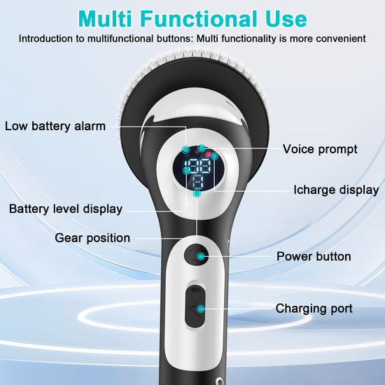 Multi-Functional Electric Spin Scrubber with Voice Broadcast, 9 Heads, Adjustable Extension Handle & LED Display(Black and White)