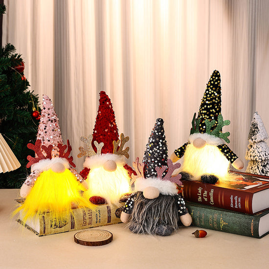 Light-Up Christmas Gnome Plush Doll with Sequin Hat & Antlers - Festive LED Tabletop Decoration(gold)
