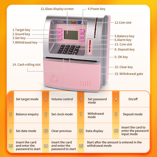 Kids Electronic ATM Savings Bank - Digital Piggy Bank with Password, Auto Roll-in Banknotes & Coin Slot for Financial Learning Fun(pink)
