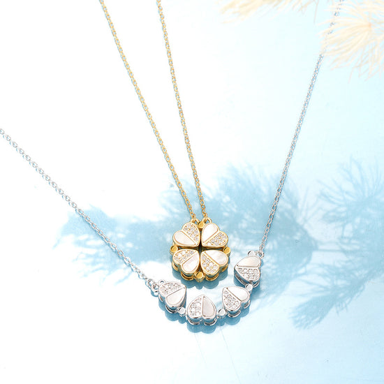 S925 Sterling Silver 2-in-1 Magnetic Convertible Clover to Hearts Pendant Necklace(gold)