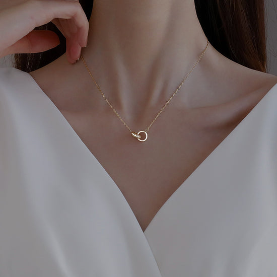 2pc Elegant Interlocking Rings Pendant Necklace with Zirconia Accents - Copper Base, Minimalist Jewelry(platinum)