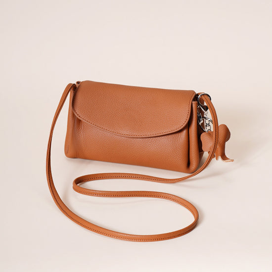 Genuine Leather Flap Crossbody Bag with Elephant Charm - Compact & Stylish Shoulder Purse(Golden brown)