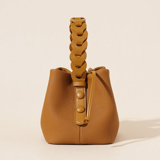 Genuine Leather Mini Bucket Bag with Braided Handle - Chic Drawstring Crossbody Purse(Black)