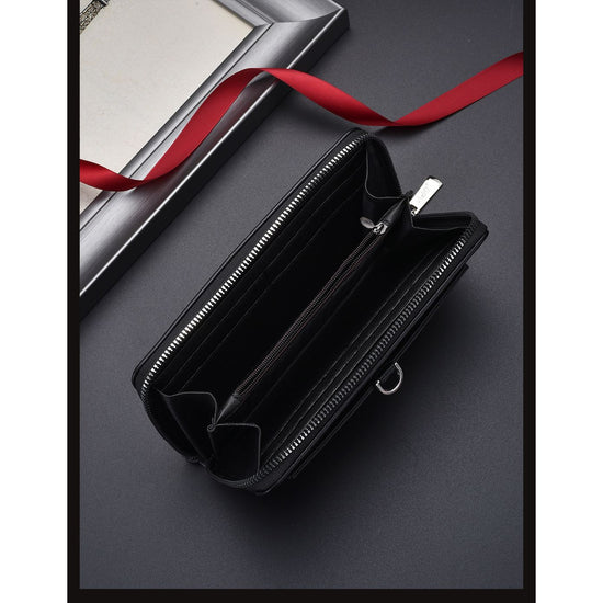 Black Classic Long Zipper Wallet Clutch - Large Capacity PU Leather Phone & Card Holder with Wrist Strap