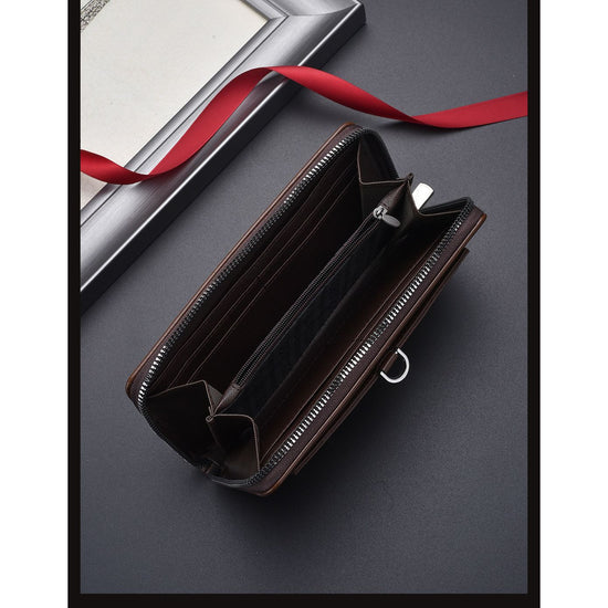Coffee Classic Long Zipper Wallet Clutch - Large Capacity PU Leather Phone & Card Holder with Wrist Strap