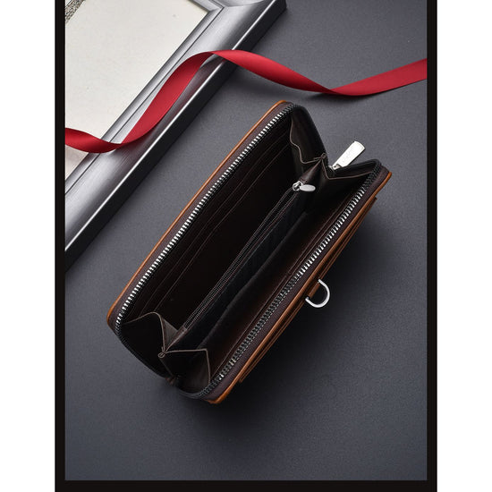 Brown Classic Long Zipper Wallet Clutch - Large Capacity PU Leather Phone & Card Holder with Wrist Strap
