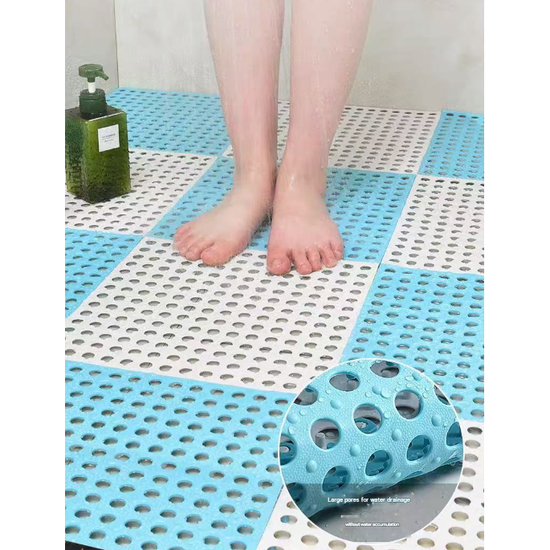 White And Green DIY Interlocking Non-Slip Floor Tiles - 12-Pack PVC Drainage Mat for Shower & Bathroom Safety