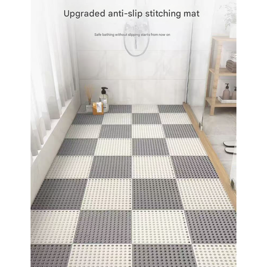 White And Grey DIY Interlocking Non-Slip Floor Tiles - 12-Pack PVC Drainage Mat for Shower & Bathroom Safety