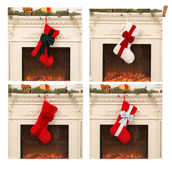 2 Pcs Red Stitching Red Bow Luxurious Velvet Christmas Stocking with Elegant Bow - Large 45cm Holiday Mantel Decoration